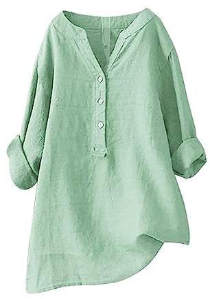 Chemisier Femme Chic et Élégant Coton Et Lin Chemise Col en V Bouton | Eté Manches Longues Printemps Tshirt Couleur Unie Respirant Coton Lin Tunique Grande Taille Pas Cher
