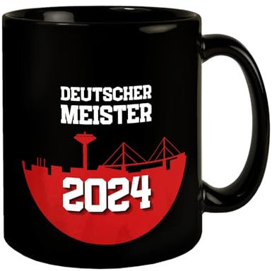 Leverkusen Tasse in Schwarz mit Spruch Deutscher Meister 2024 Fanartikel für Leverkusen-Fans Fußball-Liga Triumph Meisterschale Symbol NRW