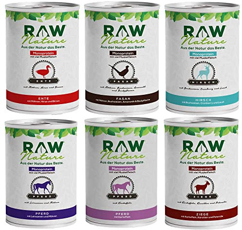 RAW Nature | Nassfutter für Hunde | getreidefrei | Monoprotein | Hohe Fleischanteil | Alleinfuttermittel (6X 800g, Mix-Pack)