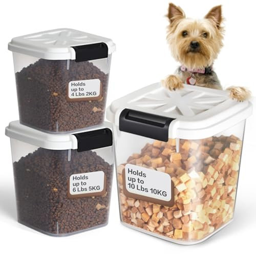 LivLab Mker Airtight Dog Food Storage Container 20 lbs, Pet Food Storage Bin with Lid 4 lbs & 6 lbs & 10 lbs, 3 Pack, Cat Treat Container, Stackable, 3 Measuring Cup, Save Space,White