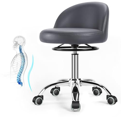 Rollhocker,hocker mit rollen,Rollhocker mit lehne zur Entspannung der Lendenwirbelsäule,hocker höhenverstellbar 360,PU leder drehhocker,Geeignet für Büro, Zuhause, Salon stuhl mit rollen (grau)