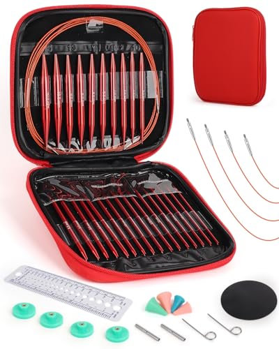 Aeelike Rundstricknadeln Set Austauschbar mit Etui und Zubehör, 13 Paar 3mm-10mm Stricknadeln, Rundstricknadel Set Austauschbar für Anfänger und Erwachsene, Rot