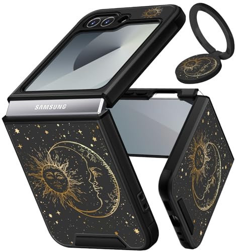 VincitoreModa Coque pour Samsung Galaxy Z Flip 6 – [2 en 1] femmes mignonnes filles soleil et lune coque de téléphone anneau support girly esthétique tendance Slide housse pour appareil photo design