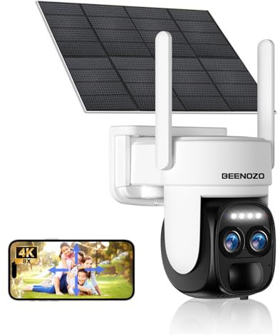BEENOZO 8X Zoom 4K Telecamera Wi-Fi Esterno Senza Fili Solare 360° PTZ Videocamera Sorveglianza Esterno, Rilevamento Umano, Visione Notturna a Colori, 2 Vie Audio, IP66 (4K-Bianco)