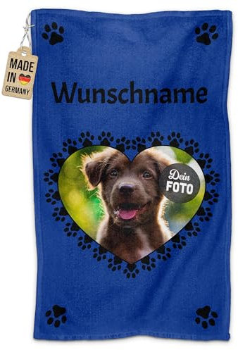 PR Print Royal Personalisiertes Hundehandtuch mit Foto & Name selbst gestalten - Pfoten-Herz - Pfotentuch für Hunde, Haustier-Handtuch | Fotohandtuch, 50 x 30 cm blau