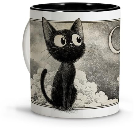 Tazza con disegno di gatto in stile anime. Tazze originali da regalare. Regali per gli amanti dei gatti. Anime Accessori. Regali originali giapponesi. Tazza gatto nera.