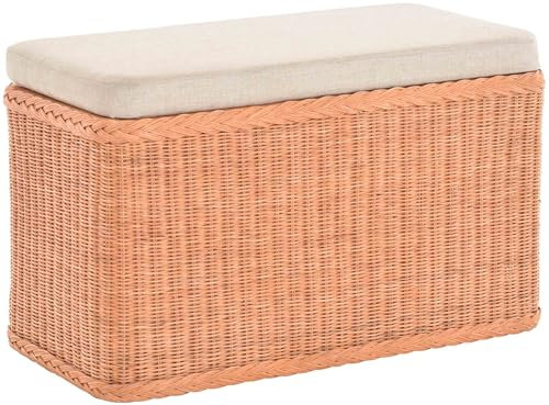 Rattan Wäschekorb Wäschetruhe Sitz gepolstert Honig, Flur-Bank Aufbewahrungsbox mit Deckel Bad-Hocker Sitzhocker Wäschesammler Sitz-Truhe Natur (Terracotta, Rechteckig)