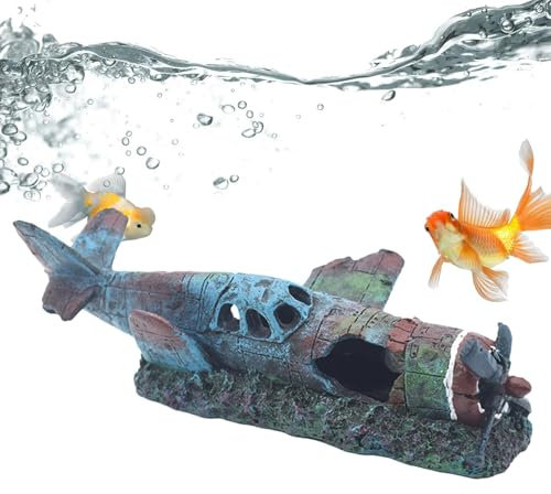 Aquarium Fighter Plane Decoration, Resin Aquarium Decorations, Creative Resin Fighter Plane Toy, Decorative Destroyed Aquarium Ornaments, Unique Underwater Ruins For Fish Tank, (Intriguing Design)