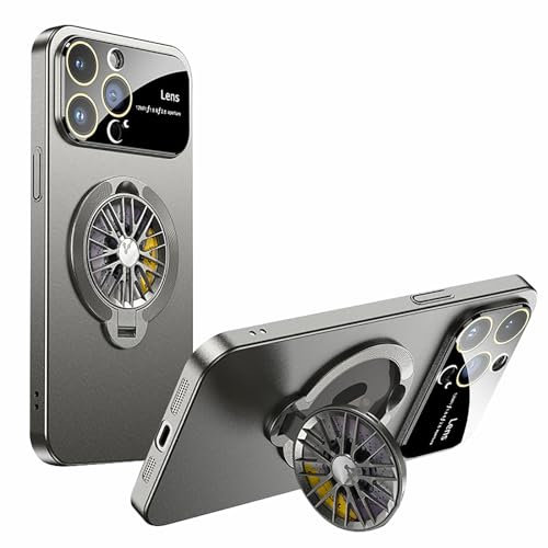 LOWBDGFU Magnetic Case for iPhone 15 Pro Max/15 Pro/15 Plus/15, Window Glass Lens Protection, 360° Rotating Gyroscope Ring Stand Mobile Phone Case (Colour: Grey Grey, Size: 15)
