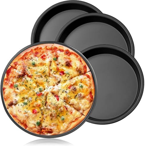 Unpoten 4 Stück Pizzablech, Pizzablech Rund 28 cm, Carbonstahl Backblech, Pizza Backblech mit Antihaftbeschichtung, für Backen & Servieren, Langlebig & Leicht zu Reinigen