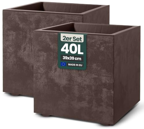 Kreher Pflanzkübel Millennium Naturstein-Optik (Braun, 2 x 40 L Eckig) | Aus robustem Kunststoff im XL-Format, wetterfest und standfest für Garten, Terrasse und Balkon, pflegeleicht