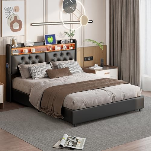 Teahutty Bett mit Stauraum, 180 x 200 cm, LED, Hydraulisches Bett mit offenen Regalen und gepolstertem Kopfteil, USB-Ladefunktion, PU, ohne Matratze (Schwarz, 180 x 200 cm)