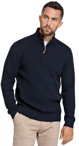 Lindbergh Pullover Herren mit Reißverschluss | Strickpullover Zip Herren aus 100% Baumwolle im Zopfmuster | Relaxed Fit mit hohem Kragen & Rippbündchen | Farbe Dunkelblau | Größe M