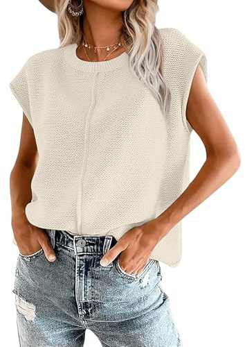 Oyamiki Stricktop Damen Sommer Leichter Strick Weste Ärmellos Fashion Elegant Rundhalsausschnitt Tops Aprikose M