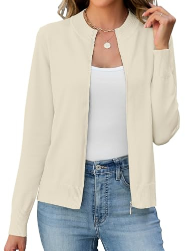 Enqoole Strickjacke Damen Kurz Langarm Reissverschluss Pullover Cardigan | Leichte Trachtenjacke mit Stehkragen, Baumwolle, Weiches Material, Eleganter & Vielseitiger, Geeignet für Büro und Freizeit