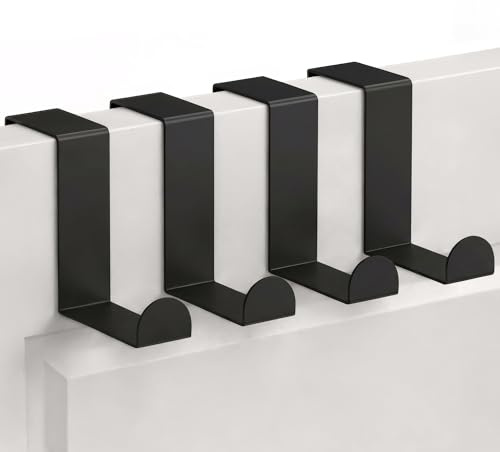 Minismus Over The Door Hooks Stainless Steel, Powder-Coated with Reversible Design and Strong Hold, Space-Saving Over Door Hook for Coats, Towels, Bathrobes, Bags and More - Set of 4 (Black)