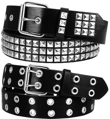 Sorcristy Black Studded Belt and Grommet Leather Belt with Double Holes for Women Men, 2 Pcs Y2K Metal Punk Rock Double Grommet Belts, Black Leather Belts for Women Men