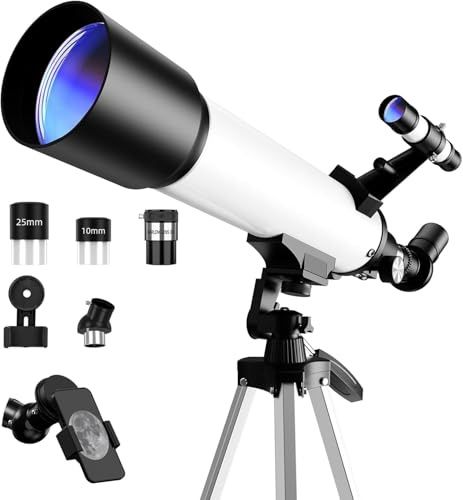 Teleskop 70mm Öffnung 500mm Refraktor Teleskop für Erwachsene, Anfänger, Tragbare Teleskope für den Außenbereich mit Stativ, Handy-Adapter und Tragetasche (Weiß)