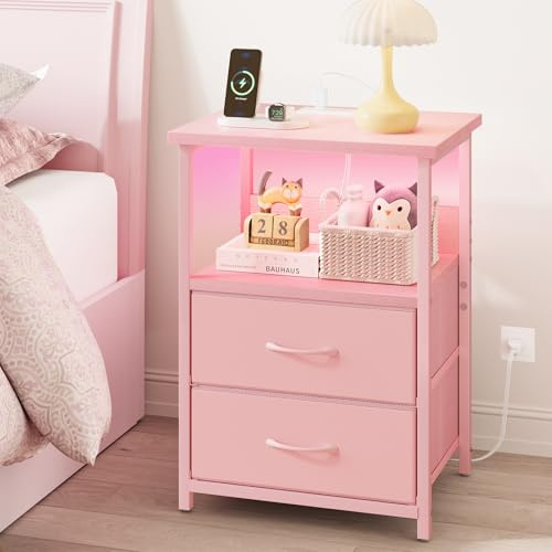 Fixwal Table de nuit avec station de charge, table de nuit LED avec ports et prises U-S-B, 2 tiroirs de rangement en tissu avec finition PU, petite table de chevet, rose