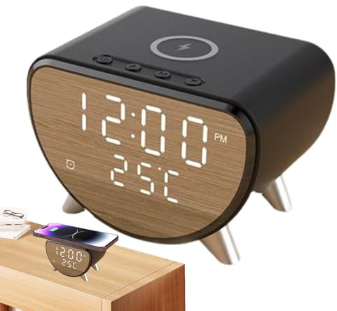 Digitale Uhr zum Aufladen – zwei USB-Anschlüsse, Feuchtigkeitsmonitor der Raumtemperatur, LED-Anzeige, schnelles kabelloses Ladegerät 10 W mit Alarm, dimmbar | Ladegerät für Nachttisch