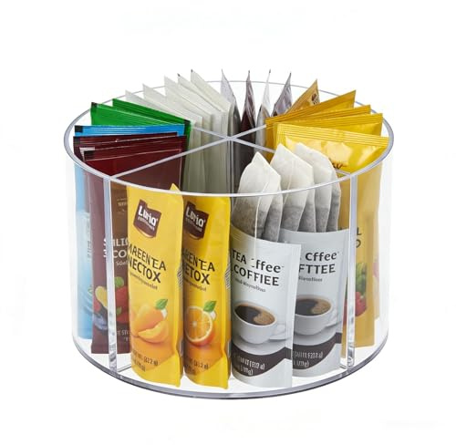 Punorric Tea Bag Storage Organizer with Rotating Base, Tea Bag Organiser for Countertop, Acrylic Coffee Pod Storage with 4 Compartments, Clear Tea Caddy for Tea Bags for Coffee Station