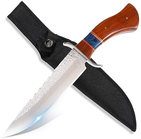 GER-SABER Couteau Outdoor 32cm – Lame Straight-Back avec Finition Marteau, Garde Classique en S en Acier Inox, Poignée Ergonomique en Bois avec Bleu Stabilisé, Compagnon Élégant pour la Nature