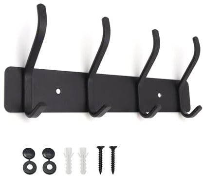 AJLTPA Garderobenleiste aus schwarzem Metall, Wandgarderobe mit 4 Doppelhaken, 25 cm Hakenleiste zur Wandmontage, Kleiderhaken und Garderobenhaken für Flur, Bad, Küche und Schlafzimmer