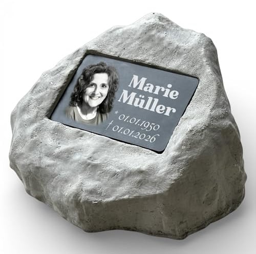 Personalisierter Gedenkstein mit Foto & Gravur | Wetterfester Grabstein aus Steinguss für Außen – Individuelle Grabplatte mit Bild & Namen – Stilvoller Grabschmuck für Friedhof & Garten personalisiert