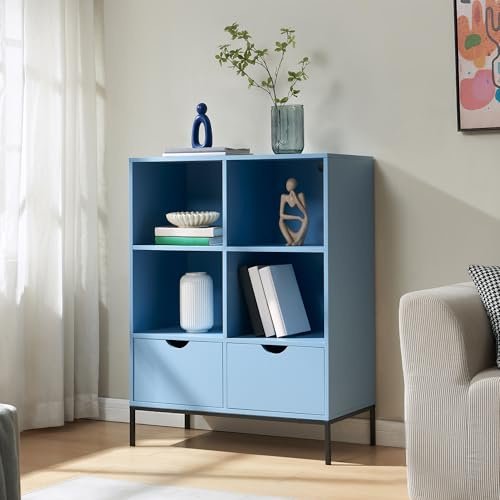 [en.casa] Regal Colwyn Bücherregal mit 2 Schubladen Standregal Wohnzimmer 105 x 80 x 40 cm Buchregal stehend Bücherschrank offen Stauraum Metallgestell Blau