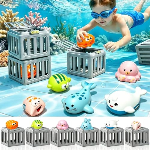 Vibbang 6PCS Swimming Pool Diving Toys, Pool Toys with 6 Ocean Animals & 6 Cages, Swimming Pool Toy for Swimming Training & Family Fun, Backyard, Seek And Find Gems Game For Bath Pool Water Park Sea
