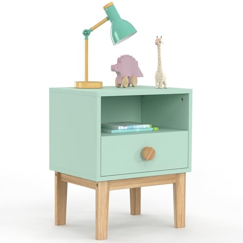 IDMarket - Kinder-Nachttisch Jacob 1 Schublade + 1 Nische Wassergrün und Holz