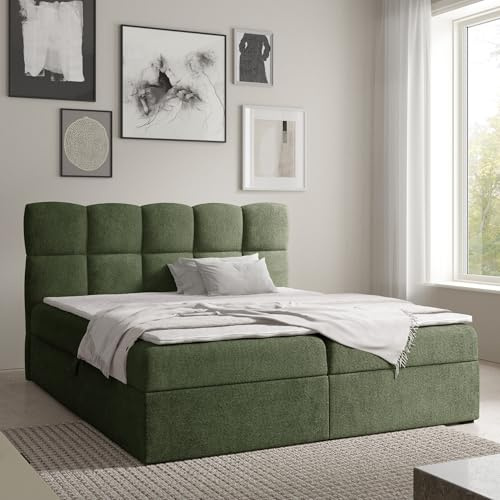 Home Collective Boxspringbett Polsterbett Doppelbett Bett mit Stauraum viele Größen & Farben | Topper inklusive | modernes Design mit Kassettensteppung Schlafzimmer Jugendzimmer | Grün 160x200 cm