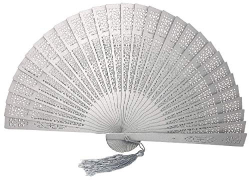 Rangebow Wooden Hand Fan, Pack of 1 Spray Painted Fan with Hollow-Out Carved Patterns Wedding Party Favour Church Gifts (Silver)