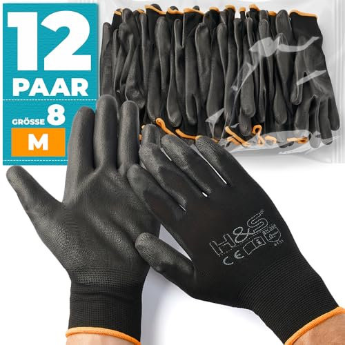 ISC Hygiene & Safety Arbeitshandschuhe Herren Damen - Schutz Handschuhe für Arbeit Werkstatt Mechaniker Montage Gartenhandschuhe - 12 Paar Größe 8 M Medium - Nylon PU-beschichtet mit Grip Tastgefühl