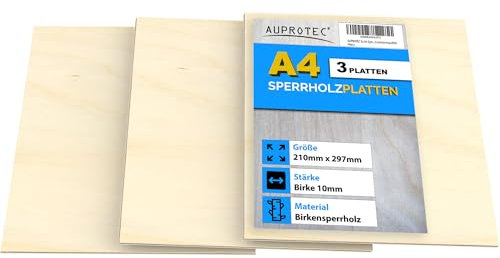 AUPROTEC 3 láminas de madera contrachapada A4 de abedul, 10 mm (210 mm x 297 mm), madera maciza de abedul, calidad industrial