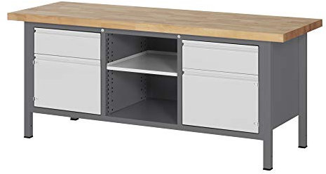 STIER Höhenverstellbare Werkbank Premium, 2 Schubladen, 2 Türen & Fachboden, 200x70x84-104cm, Stahl und Buche