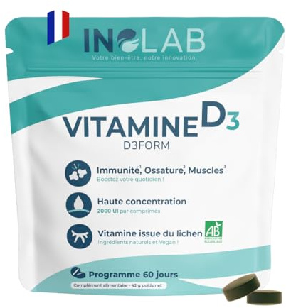 INOLAB Vitamine D3 Vegan BIO Lichen I Hautement Dosée I 2000 UI/Comprimé | Cholécalciférol Vitamine D végétale issue du lichen Bio I Vitamine Naturelle Sans Pesticides, Toxines, Métaux Lourds