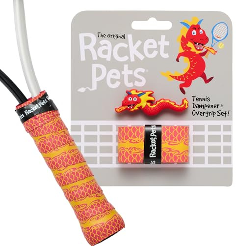 Racket Pets Amortisseur de raquette de tennis pour enfants et ruban adhésif assorti, amortisseur absorbant les chocs pour raquette de tennis et bande antidérapante à imprimé animal amusant (dragon)