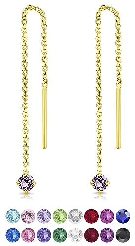 Orecchini Pendenti Donna Argento 925 Placcati Oro 24K - Brillantini di Cristallo Viola 3 mm - Colorati e Lunghi