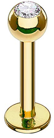 Taffstyle Piercing Stab Stecker Lippenpiercing Ohrpiercing Labret Lippe Ohr Platte Innengewinde Gold mit Kugel Glitzer Kristall Klein 1,2mm x 8mm x 3mm