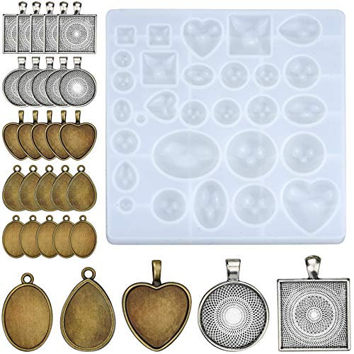 Inntek 31er Cabochon Set Epoxidharz Formen Silikonform UV Harz Gießen Glaskuppel Fassung Gießenform Resin Schmuckherstellung Schmuck Basteln mit Lünette Anhängern Nickelfrei Silber Bronze