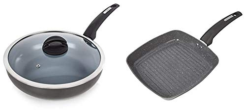 Tower Cerasure Induction Saute Pan With Lid, Non Stick Ceramic Coating, Aluminium, Graphite, 28 cm & Cerastone Induction Grill Pan, Non Stick Ceramic Coating, Easy to Clean, Graphite, 25 cm