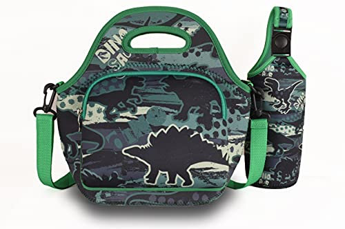 7-Mi Lunch Bag for Kids -Insulated Children Lunch Box Thermal Cooler with Bottle Holder Resistant Reusable for School Picnic Travel Work(Green Dinosaur)