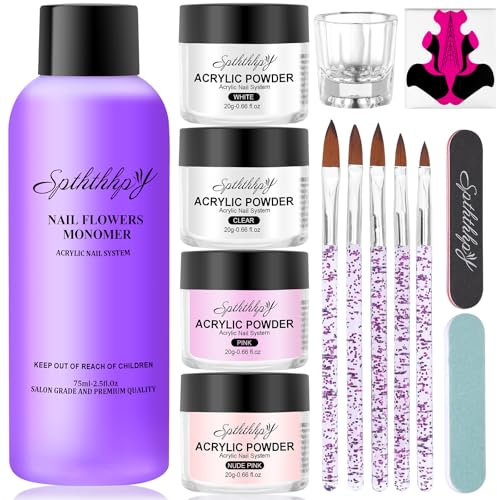 4PCS Poudre Acrylique pour Ongles SPTHTHHPY et 75ML Liquide Acrylique, Kit Vernis à Ongles Complet, Convient Aux Débutants et Aux