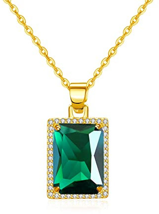 VONSSY Grüner Smaragd Birthstone Edelstein Halskette Oval Rechteck Wassertropfen Teardrop Kristall Diamant Umwickelt Anhänger 18K Platin Rose Gelbgold Kette (REC-Gold-Kette)