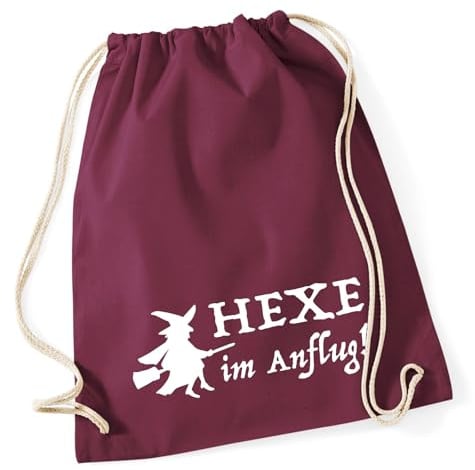 Huuraa Turnbeutel Hexe im Anflug Geschenk | Sportbeutel 12 Liter Burgundy Baumwolle Dunkelroter Rucksack Geschenkidee Unisex Beutel mit Kordelzug Baumwollbeutel