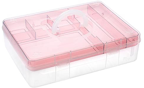 BTSKY 2-Tier Cute Bear Storage Box with Removable Divided Tray Portable Clear Plastic Art Craft Supply Organizer Stackable Home Office Supplies Storage Container for Pens Notes A4 papers etc (Pink)