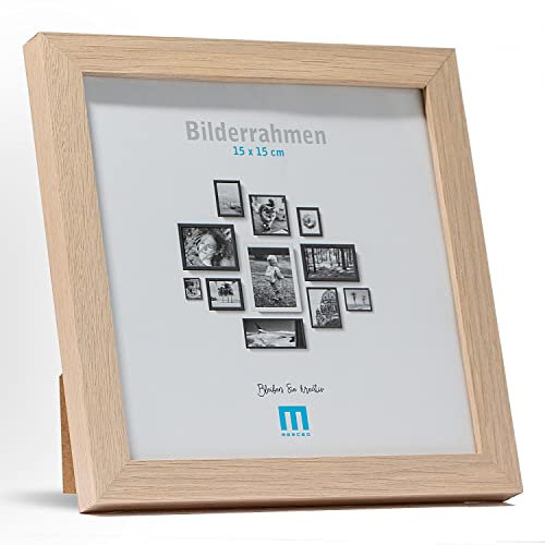 Cadre photo moderne moderne en MDF naturel pour photos et photos de 15x15 cm,Avec protection en verre acrylique,Peut être utilisé comme support de table et pour le mur, en format portrait ou paysage.