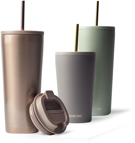 MAMEIDO Thermobecher mit Strohhalm 700ml, Trinkbecher mit Deckel und Strohhalm aus Edelstahl doppelwandig isoliert, auslaufsicher, Coffee to go Becher (Rosé Quartz, 0,7l)