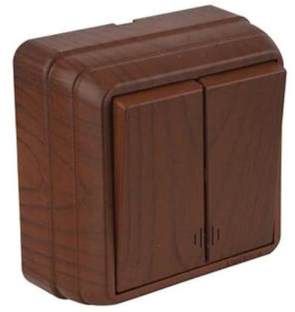Aufputz 2 fach Schalter beleuchtet/Kontrollschalter in Holz Optik/Holzfarben · Walnuss Imitat · IP20 · Mutlusan · AP Serie BRON